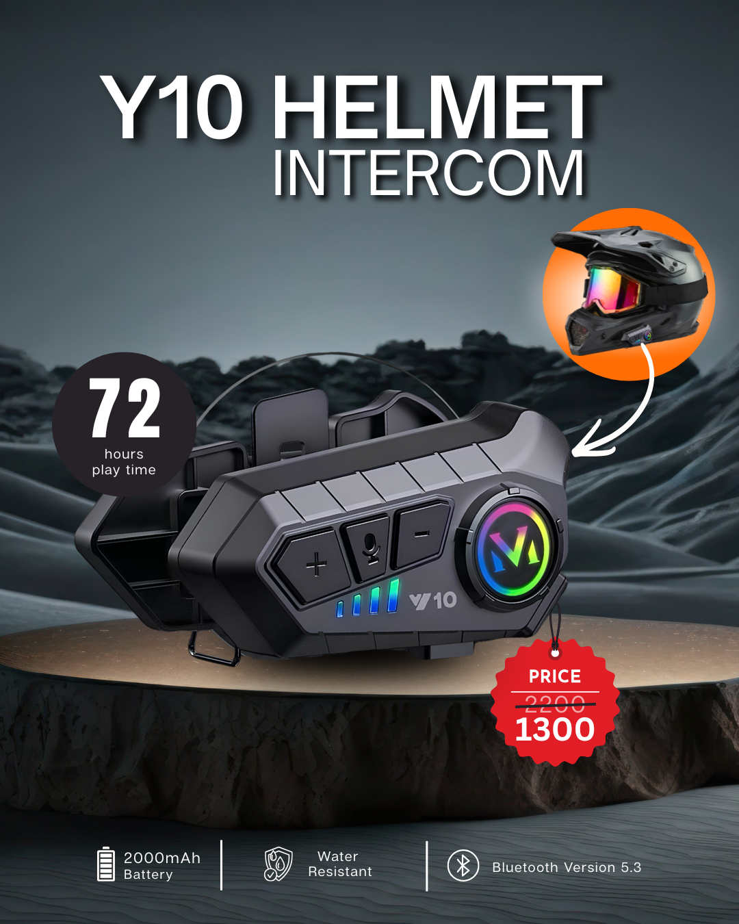 Y10 Motorcycle Helmet Bluetooth Headset, Bluetooth 5.3 Headphone, Smart Noise Reduction, HiFi Level Sound Quality, IPX6 Waterproof, Compatible with All Helmets